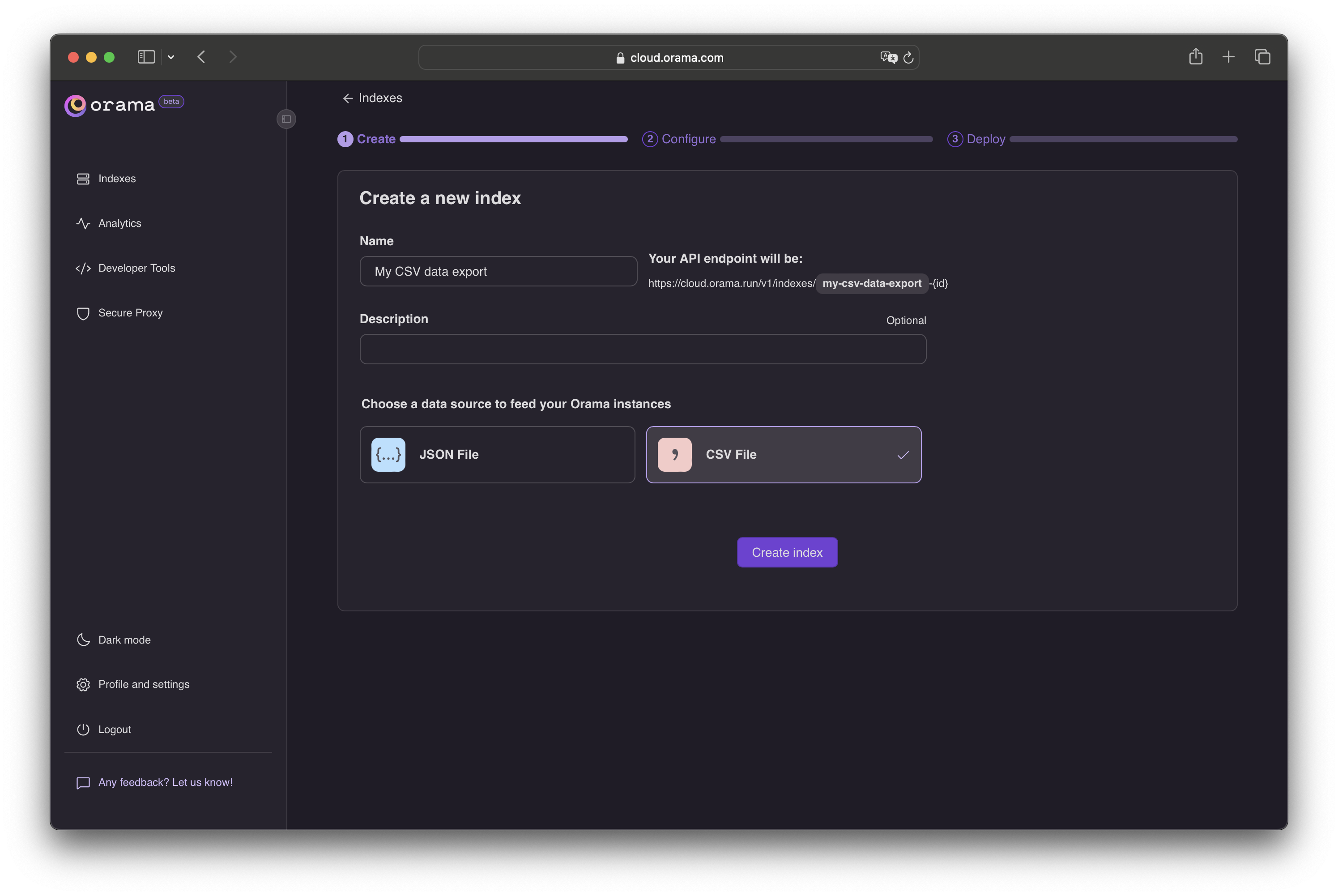 Choosing the CSV data source on Orama Cloud