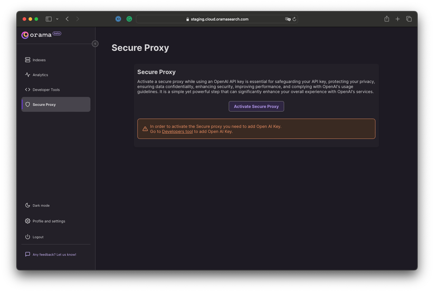 Initial screen of Orama Secure Proxy